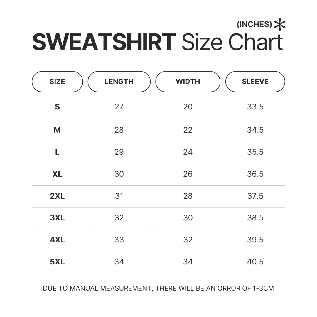 Sweatshirt Size Chart - Sword Art Online Stuff