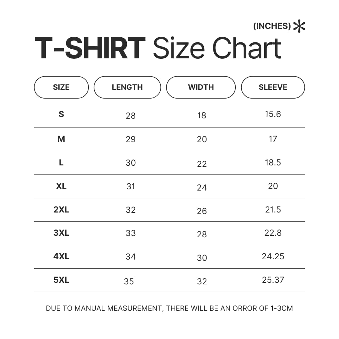 T shirt Size Chart - Sword Art Online Stuff