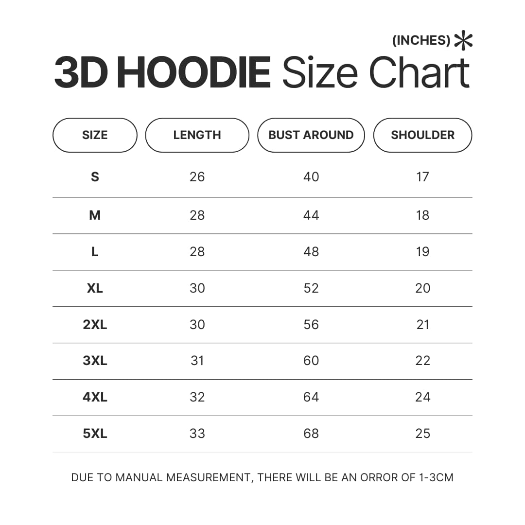 3D Hoodie Size Chart - Sword Art Online Stuff
