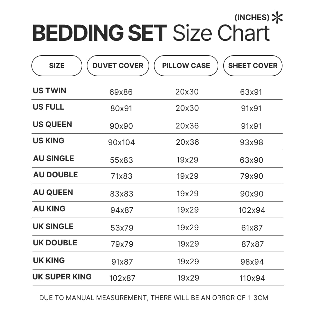 Bedding Set Size Chart - Sword Art Online Stuff